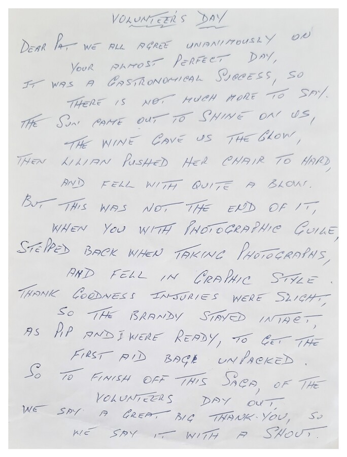 A poem to Pat Spence following Volunteers' Day celebrations